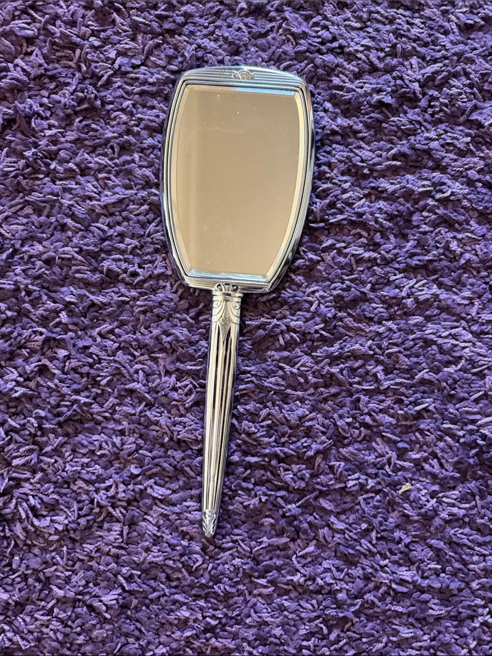 Vintage Art Defo Evans Vanity Hand Mirror  Silver Tone Floral Detail